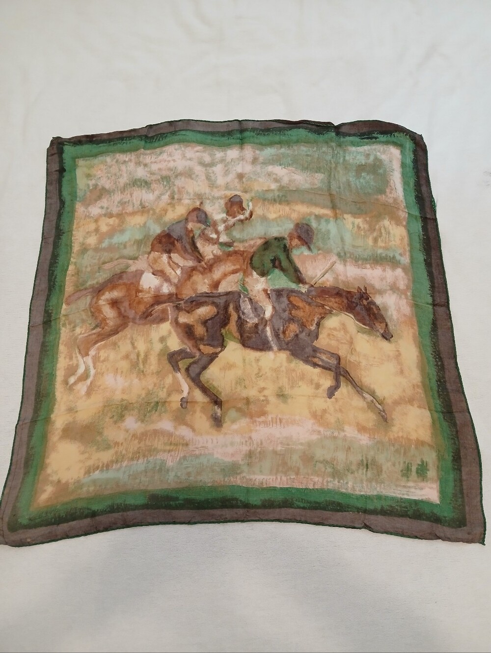 Vintage Horse Racing Silk Scarf - Green and Brown hand rolled edges - Picture 4 of 6
